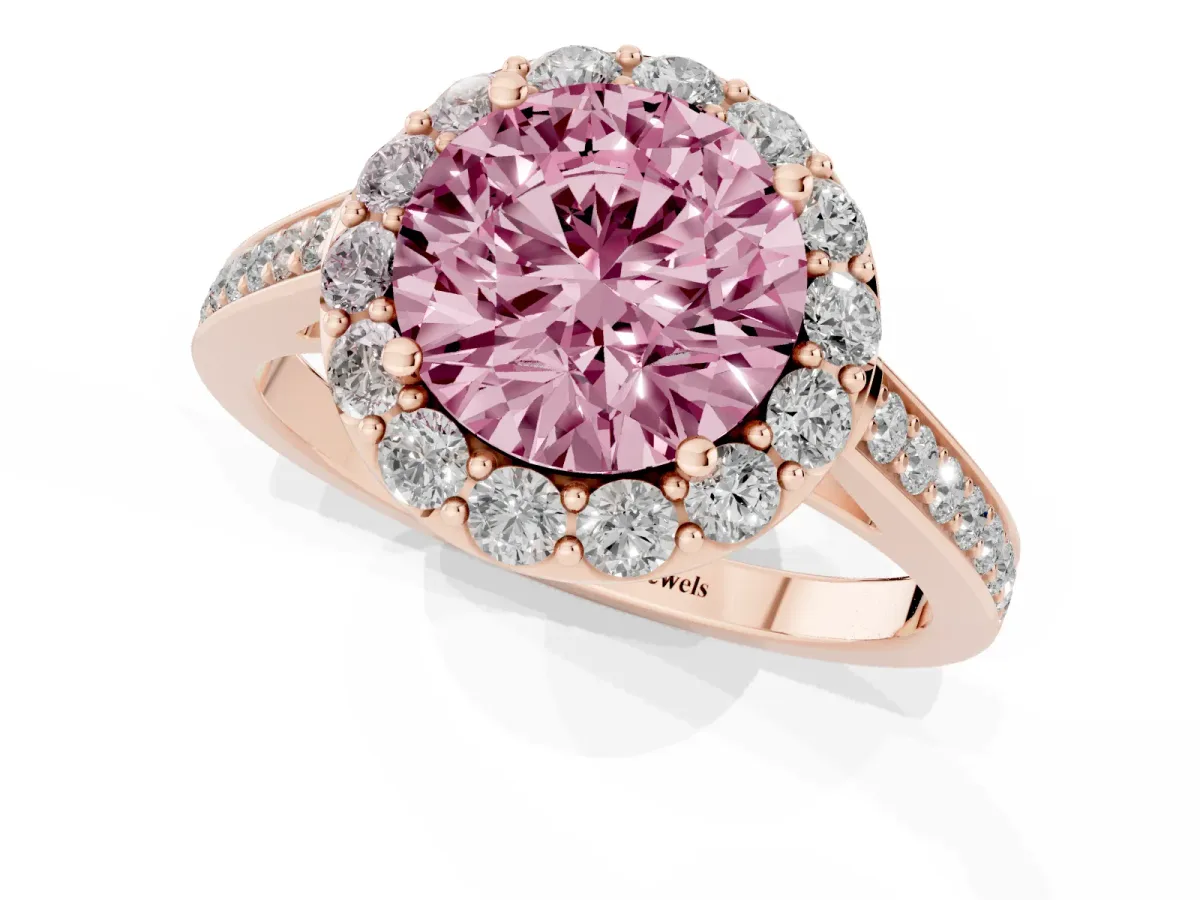 Fancy Pink Round Cut Diamond Floral Halo Ring with Pavé Band and Prong Setting Rose gold