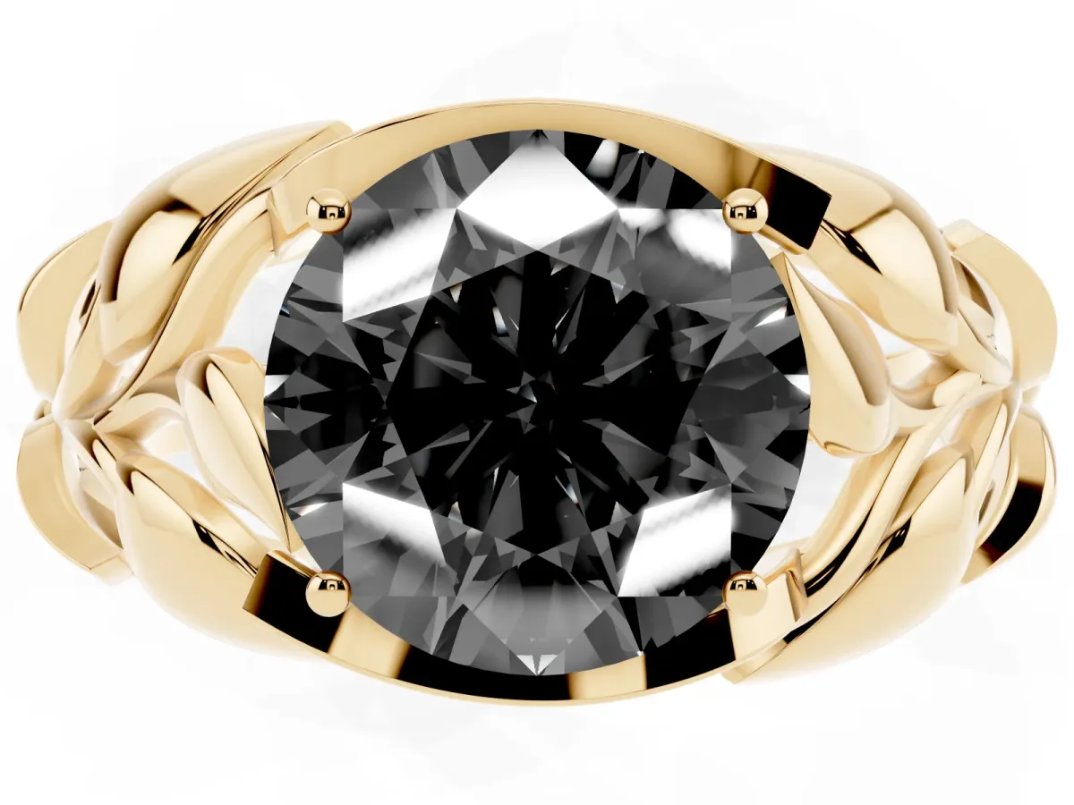 Fancy Black Round Cut Diamond Leaf-Inspired Engagement Ring with Round Accents and Prong Setting Yellow gold