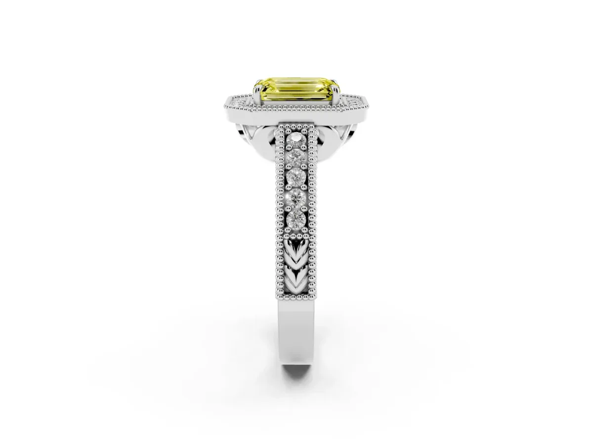 Fancy Yellow Emerald Cut Cut Halo Diamond Ring with Pavé Band and Four-Prong Setting White gold