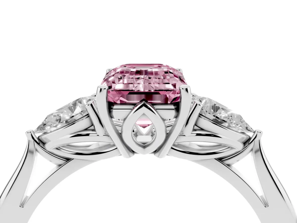 Fancy Pink Emerald Cut Diamond Three-Stone Ring with Pear Side Stones and Prong Setting Silver