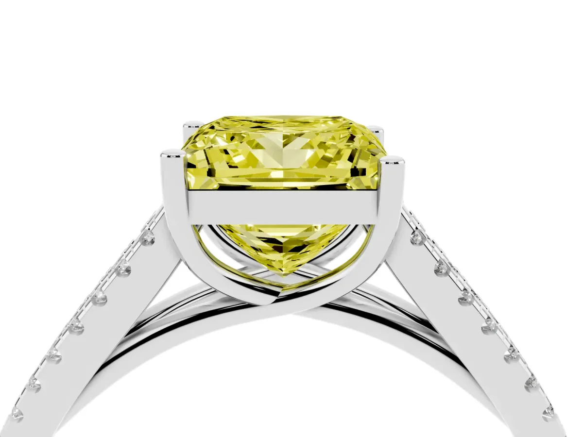 Fancy Yellow Princess Cut Diamond Solitaire Engagement Ring with Split Shank Pavé Band Platinum