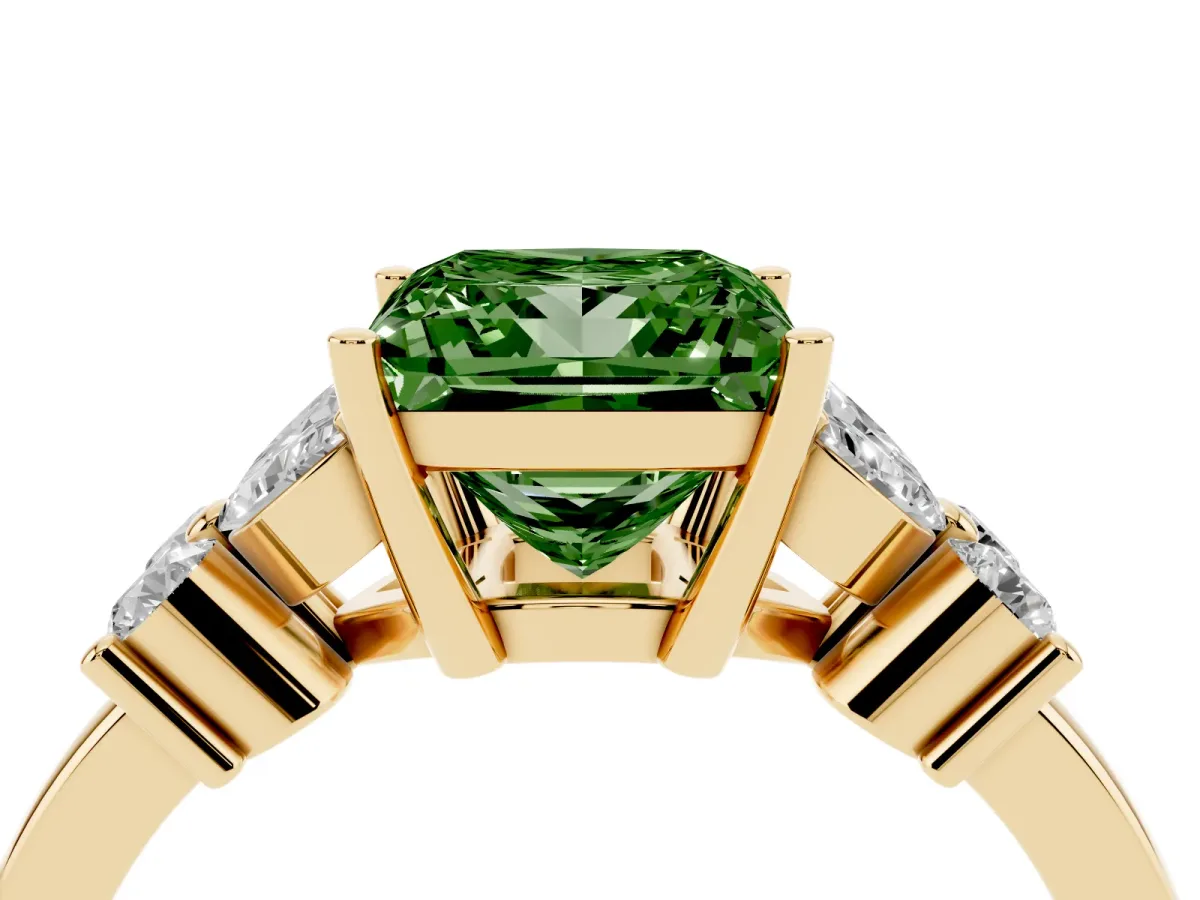 Fancy Green Princess Cut Diamond Floral Cluster Ring with Solitaire Band and Prong Setting Yellow gold