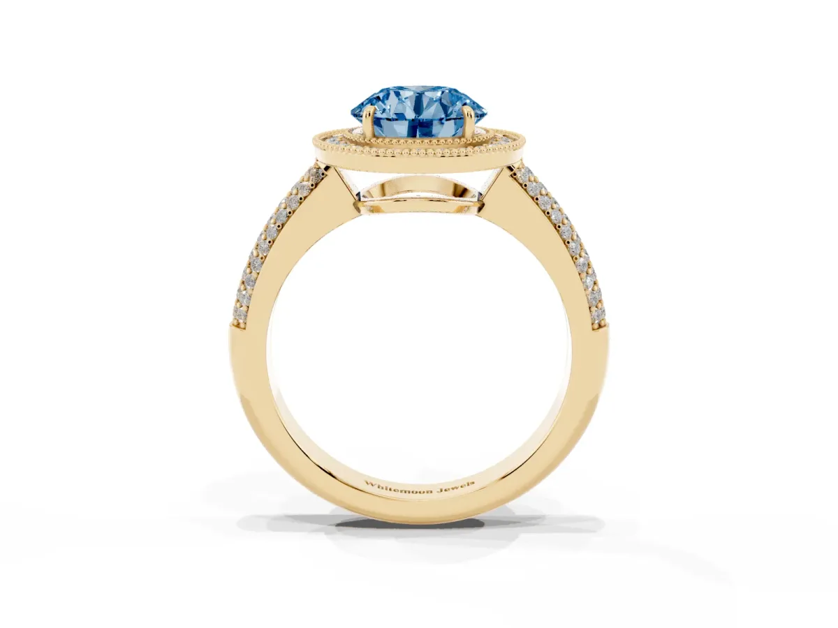 Fancy Blue Round Cut Cut Halo Diamond Pave Band with Four-Prong Setting Yellow gold