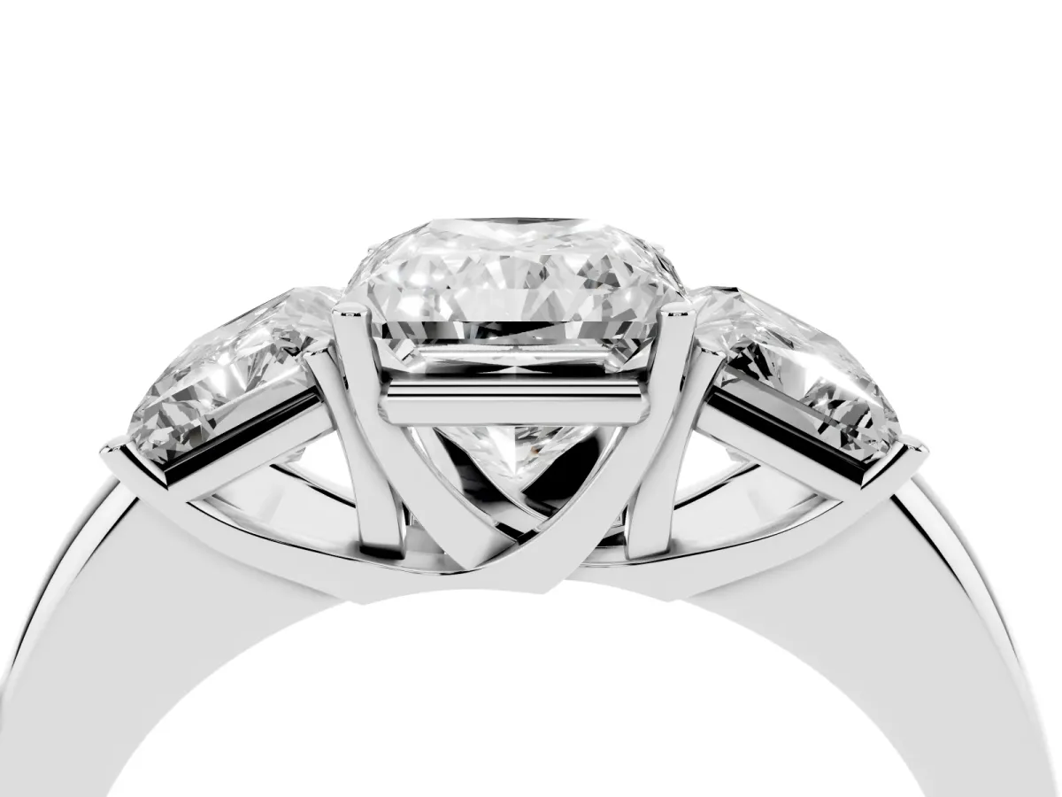 Radiant Cut Diamond Three-Stone Ring with Four-Prong Setting and Classic Band Silver