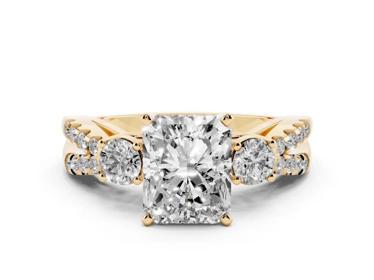 Radiant Cut Diamond Three-Stone Ring with Pavé Split Shank and Four-Prong Setting Yellow gold