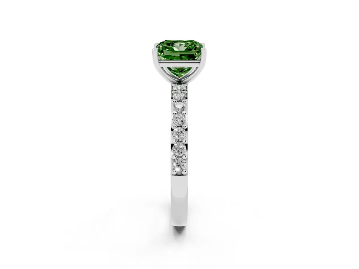 Fancy Green Princess Cut Cut Diamond Solitaire with Pave Band and Four-Prong Setting Silver