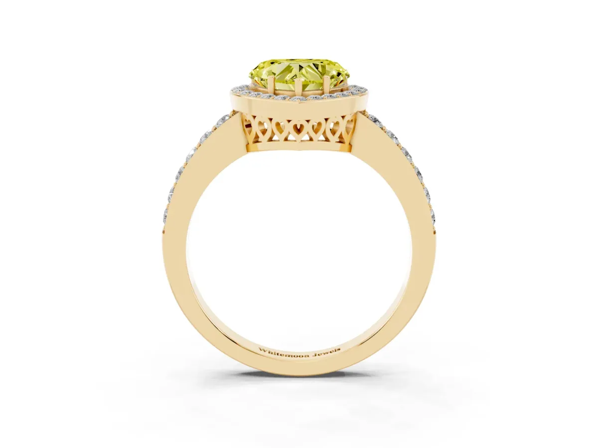 Fancy Yellow Heart Cut Halo Diamond Pavé Band Ring with Prong Setting Yellow gold