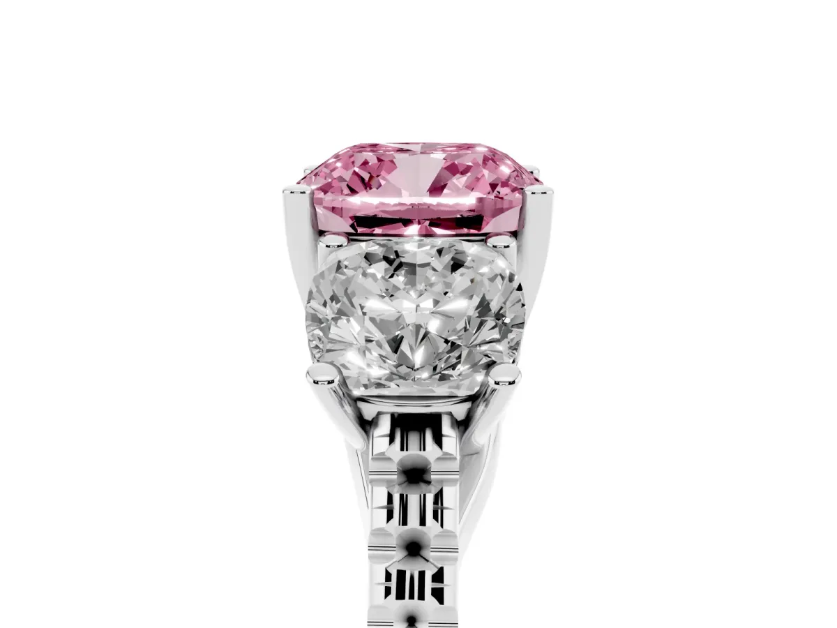 Fancy Pink Three-Stone Cushion Cut Diamond Ring with Round Pavé Band and Prong Setting Silver