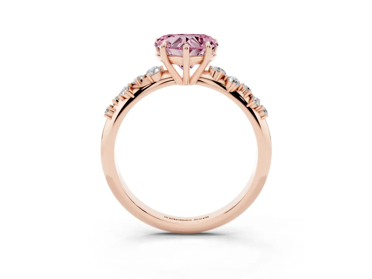 Fancy Pink Heart Cut Diamond Cluster Side Stone Solitaire Ring with Prong Setting Rose gold