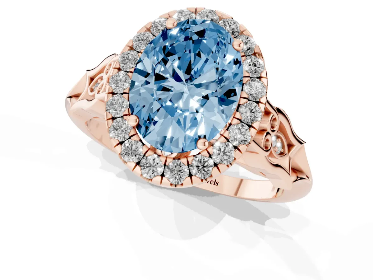 Fancy Blue Oval Cut Halo Diamond Engagement Ring with Filigree Band and Four-Prong Setting Rose gold