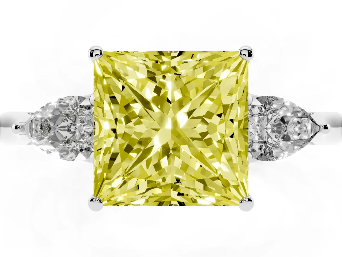 Fancy Yellow Three-Stone Princess Cut Diamond Ring with Pear Side Stones in Four-Prong Setting Silver