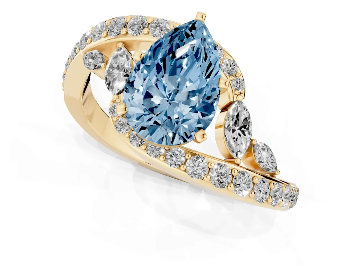 Fancy Blue Pear Cut Solitaire with Pavé Twist Band and Four-Prong Setting Yellow gold