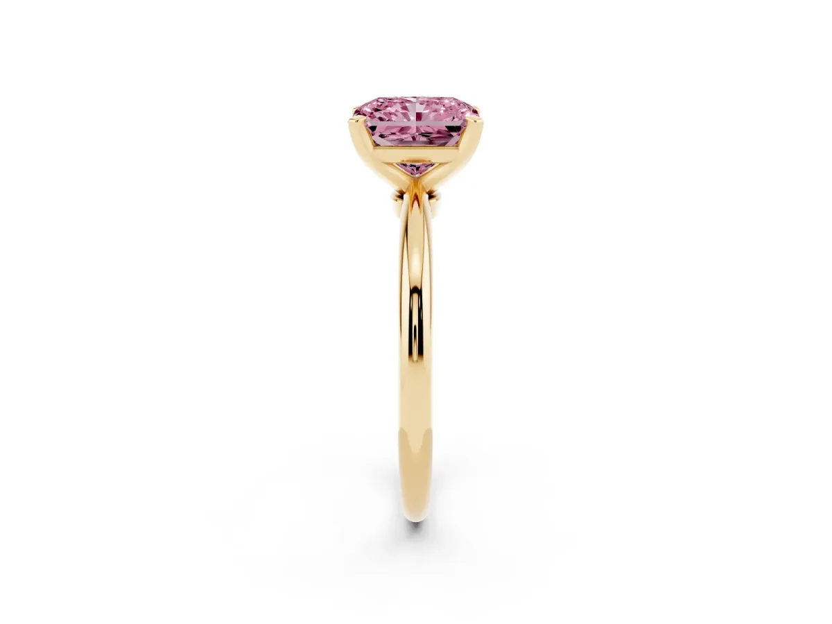 Fancy Pink Radiant Cut Diamond Solitaire Ring with Prong Setting and Classic Band Yellow gold