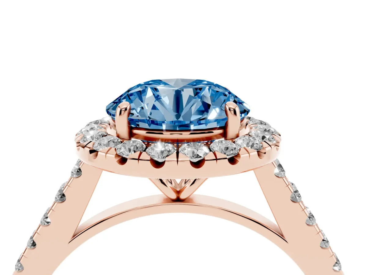 Fancy Blue Round Cut Halo Pave Diamond Engagement Ring with Four-Prong Setting Rose gold