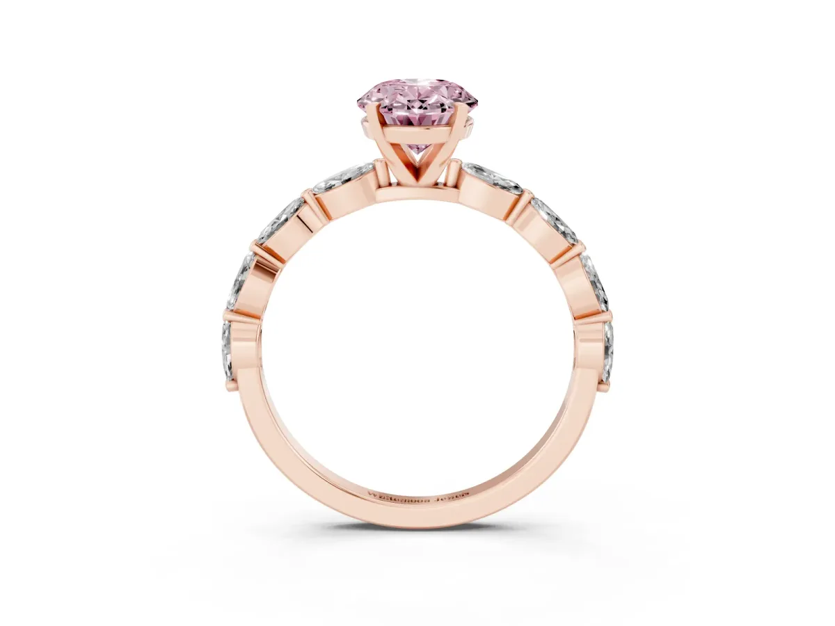 Fancy Pink Oval Cut Diamond Ring with Marquise Side Stones and Prong Setting Rose gold