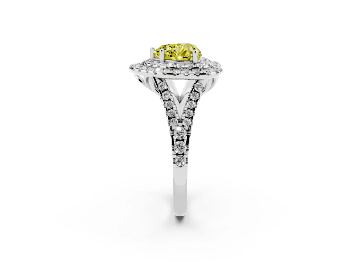 Fancy Yellow Double Halo Heart Cut Diamond Pavé Split Shank Ring with Prong Setting Silver