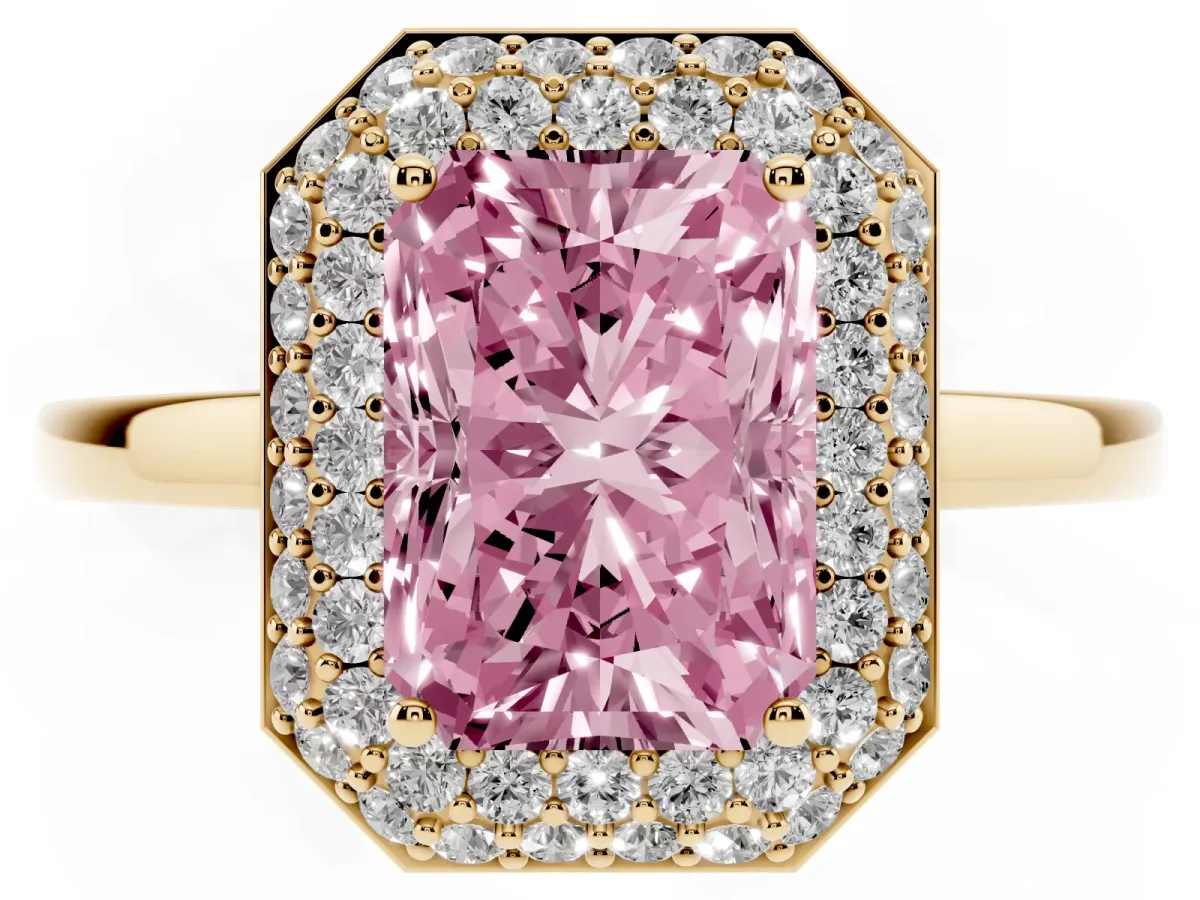 Fancy Pink Radiant Cut Halo Diamond Engagement Ring with Solitaire Band and Four-Prong Setting Yellow gold