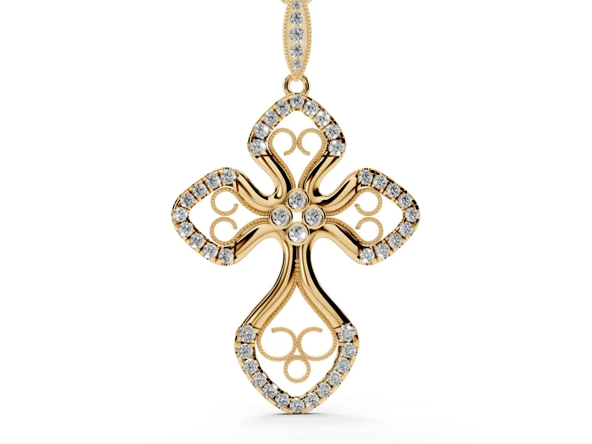 Diamond Pavé Round Milgrain Cross Pendant Yellow gold