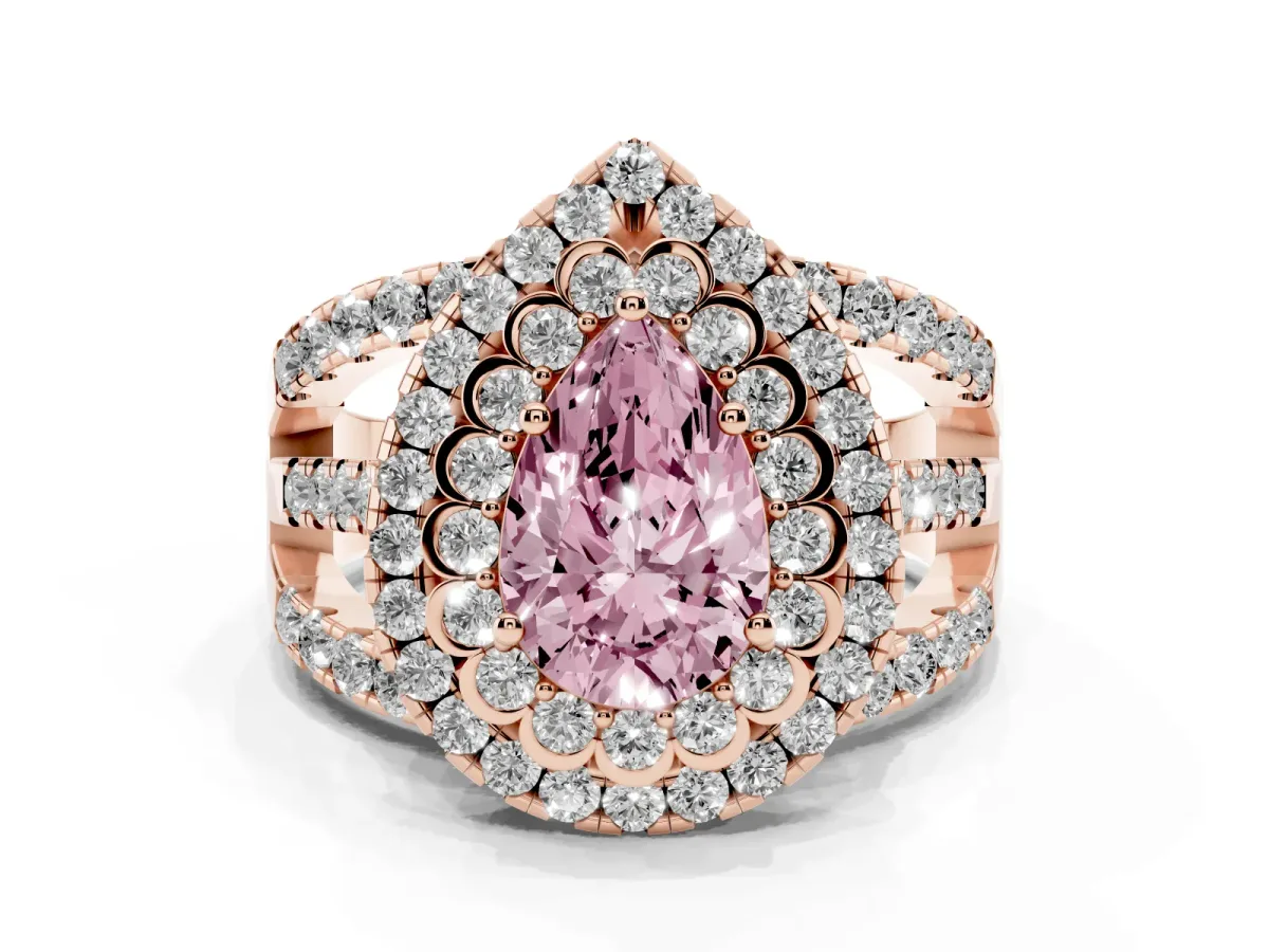 Fancy Pink Pear Cut Diamond Double Halo Ring with Round Pavé Split Shank and Prong Setting Rose gold