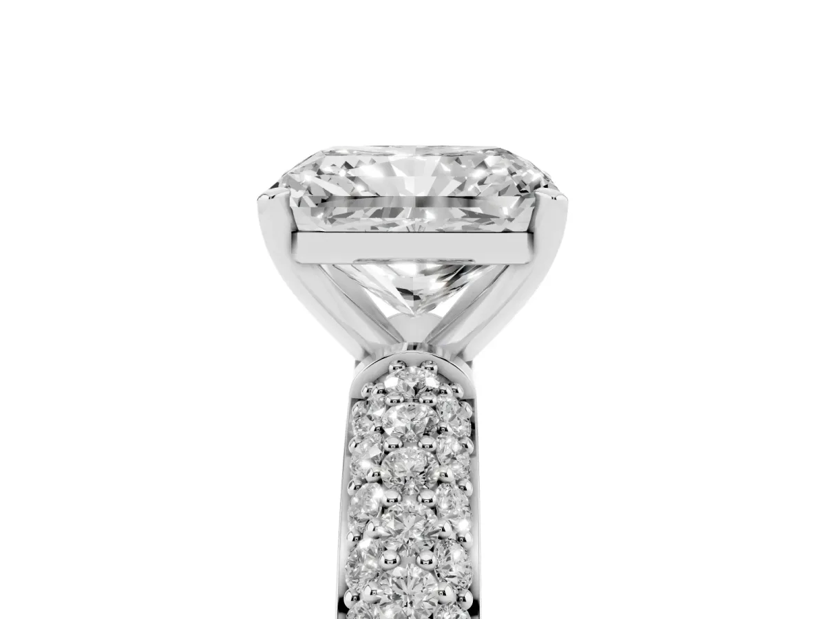 Radiant Cut Diamond Solitaire Ring with Prong Setting and Pavé Band Platinum