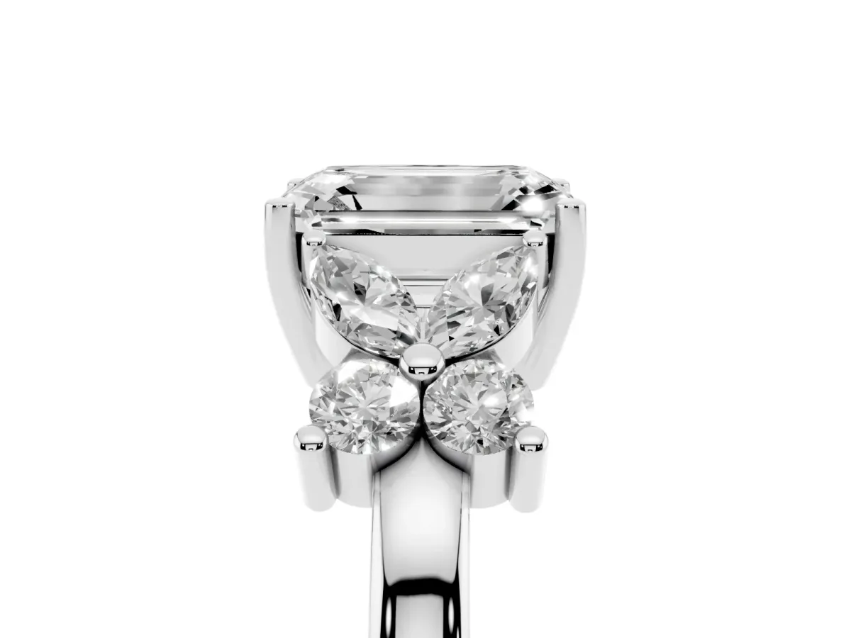 Emerald Cut Diamond Floral Cluster Ring with Solitaire Band and Prong Setting Silver