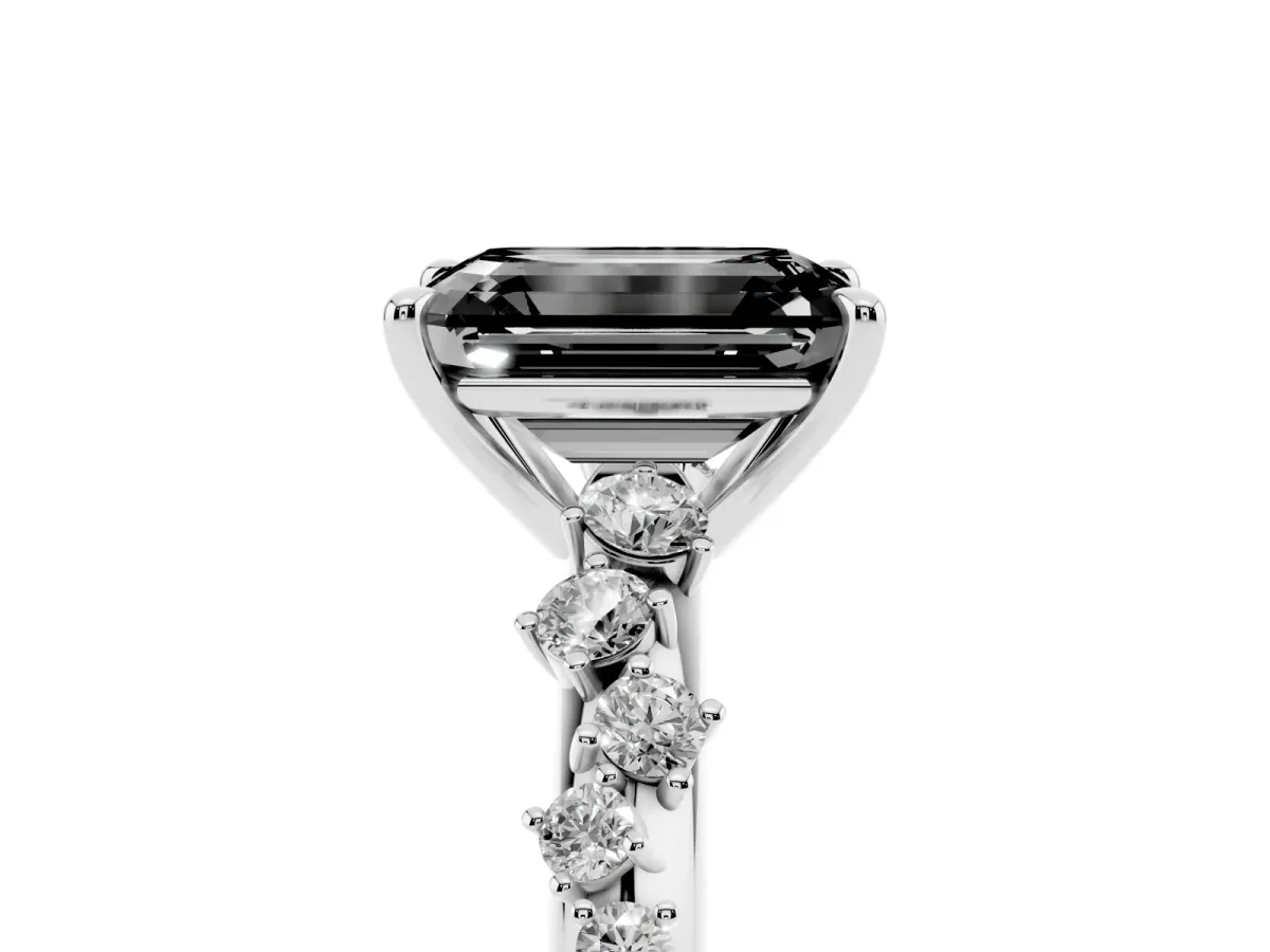 Fancy Black Emerald Cut Diamond Cluster Side Stone Solitaire Ring with Prong Setting Platinum