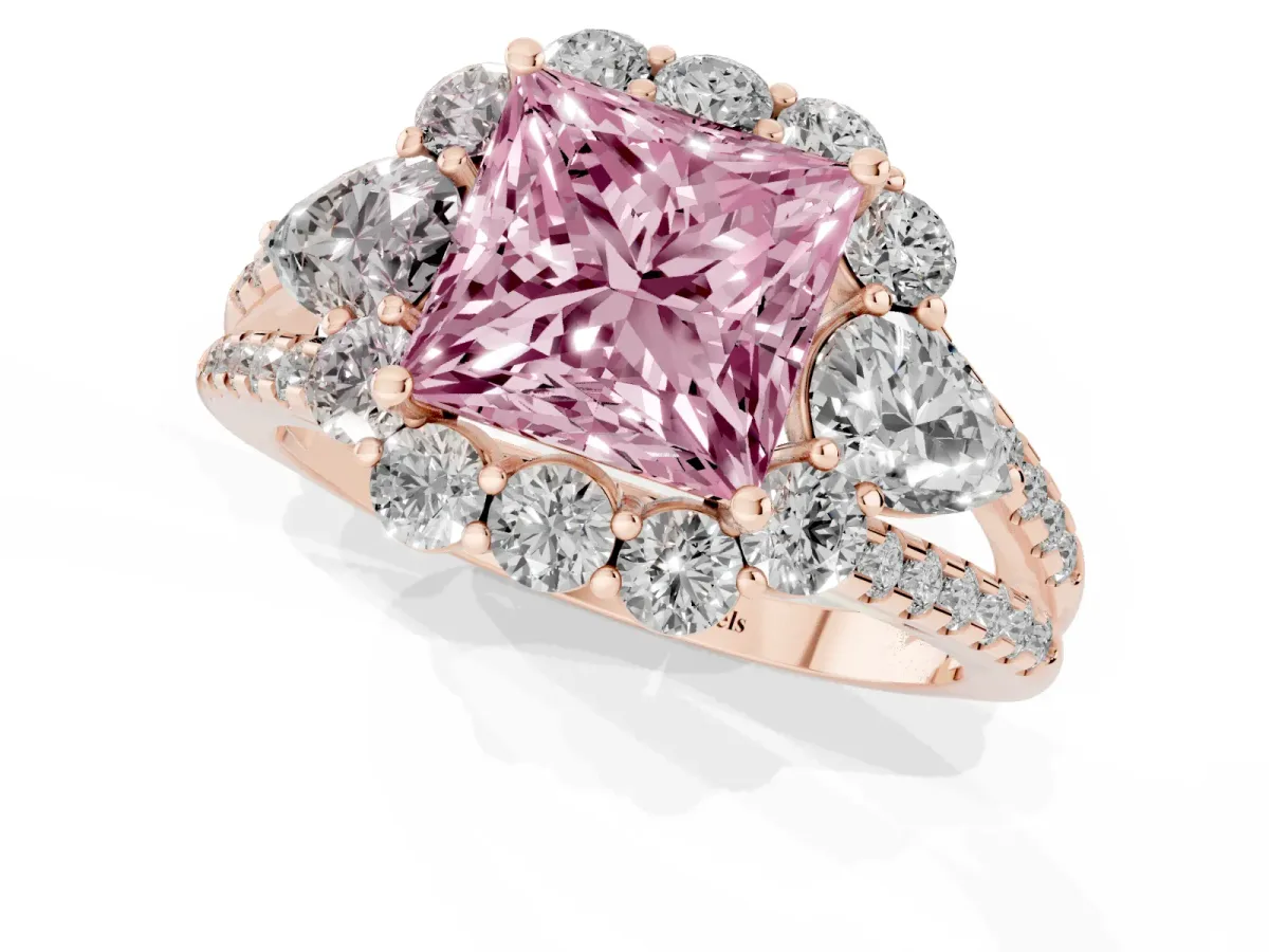 Fancy Pink Princess Cut Halo Split Shank Diamond Engagement Ring with Prong Setting Rose gold