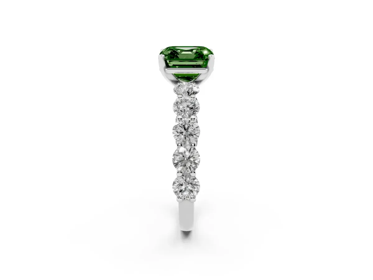 Fancy Green Asscher Cut Diamond Prong Setting with Side Stones on a Pave Band Silver