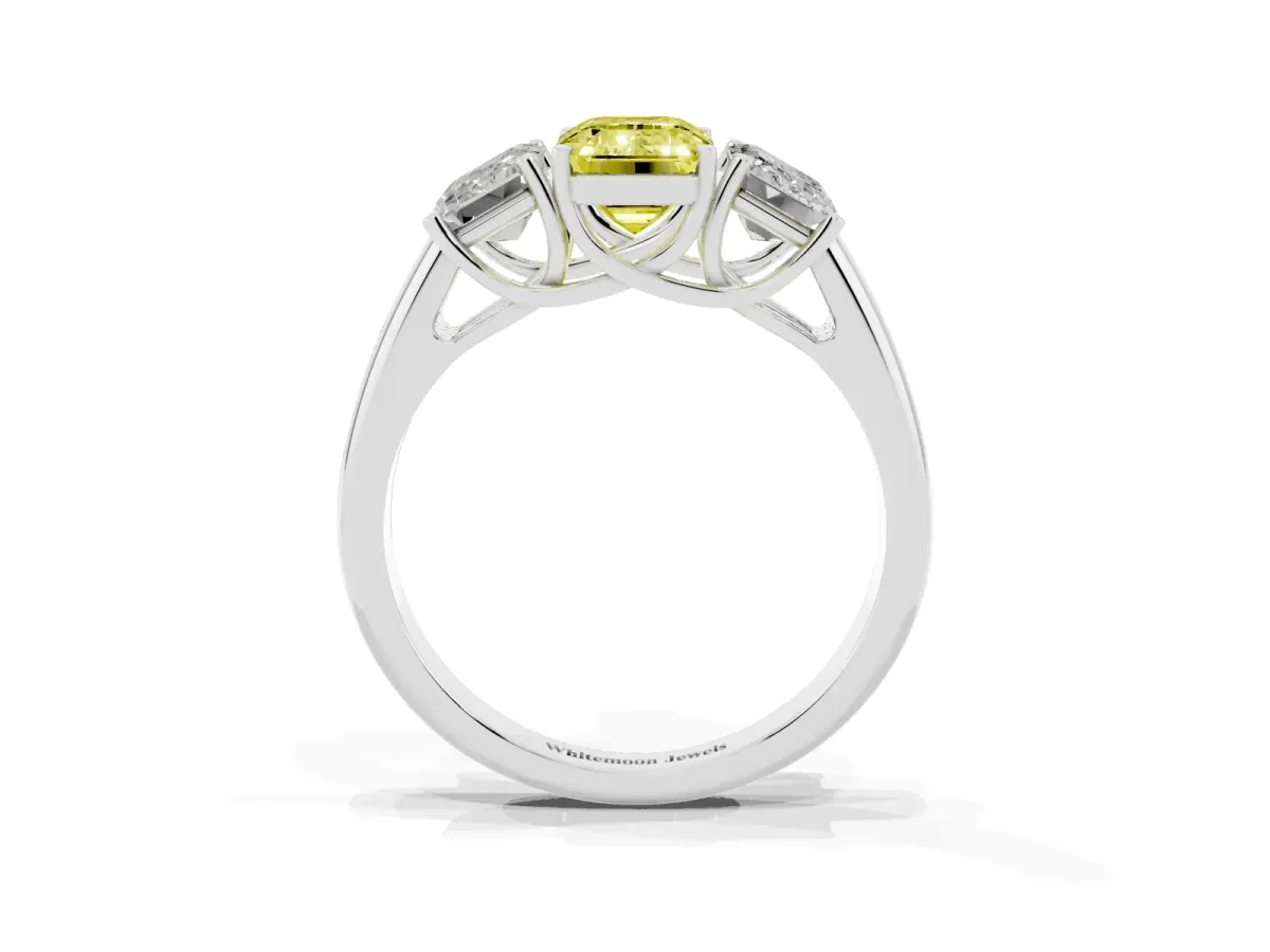 Fancy Yellow Three-Stone Emerald Cut Diamond Engagement Ring with Prong Setting White gold