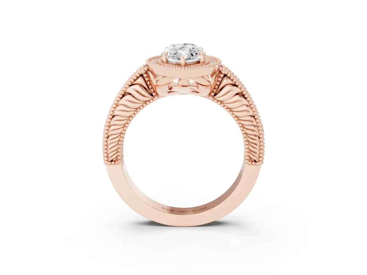 Marquise Cut Cut Halo Diamond Ring with Pavé Band and Four-Prong Setting Rose gold
