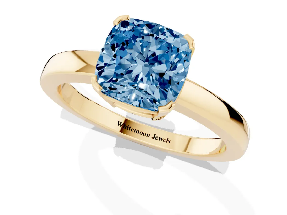 Fancy Blue Cushion Cut Cut Solitaire Ring with Four-Prong Setting and Classic Band Yellow gold
