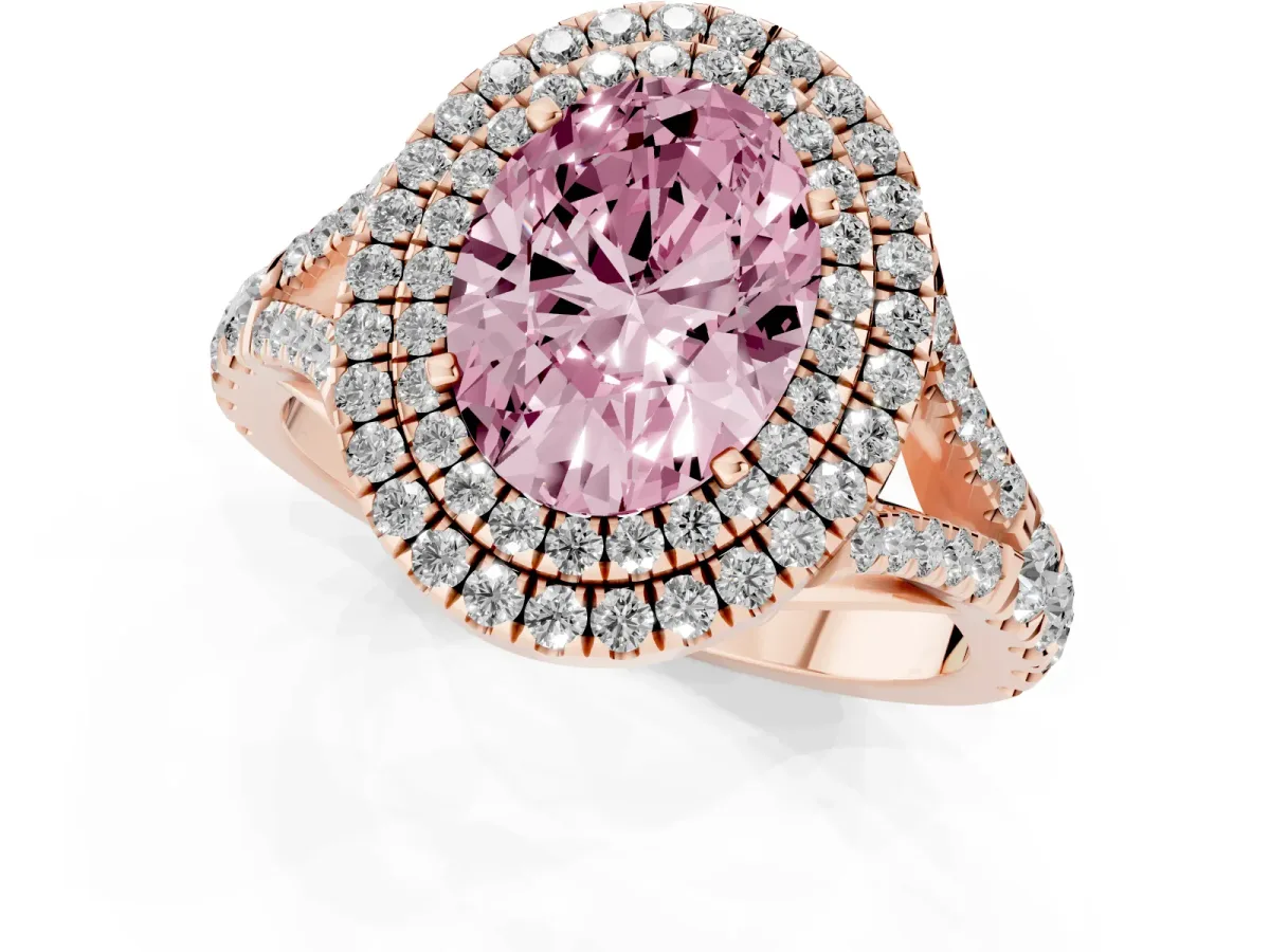 Fancy Pink Oval Cut Diamond Pavé Split Shank Double Halo Engagement Ring Rose gold