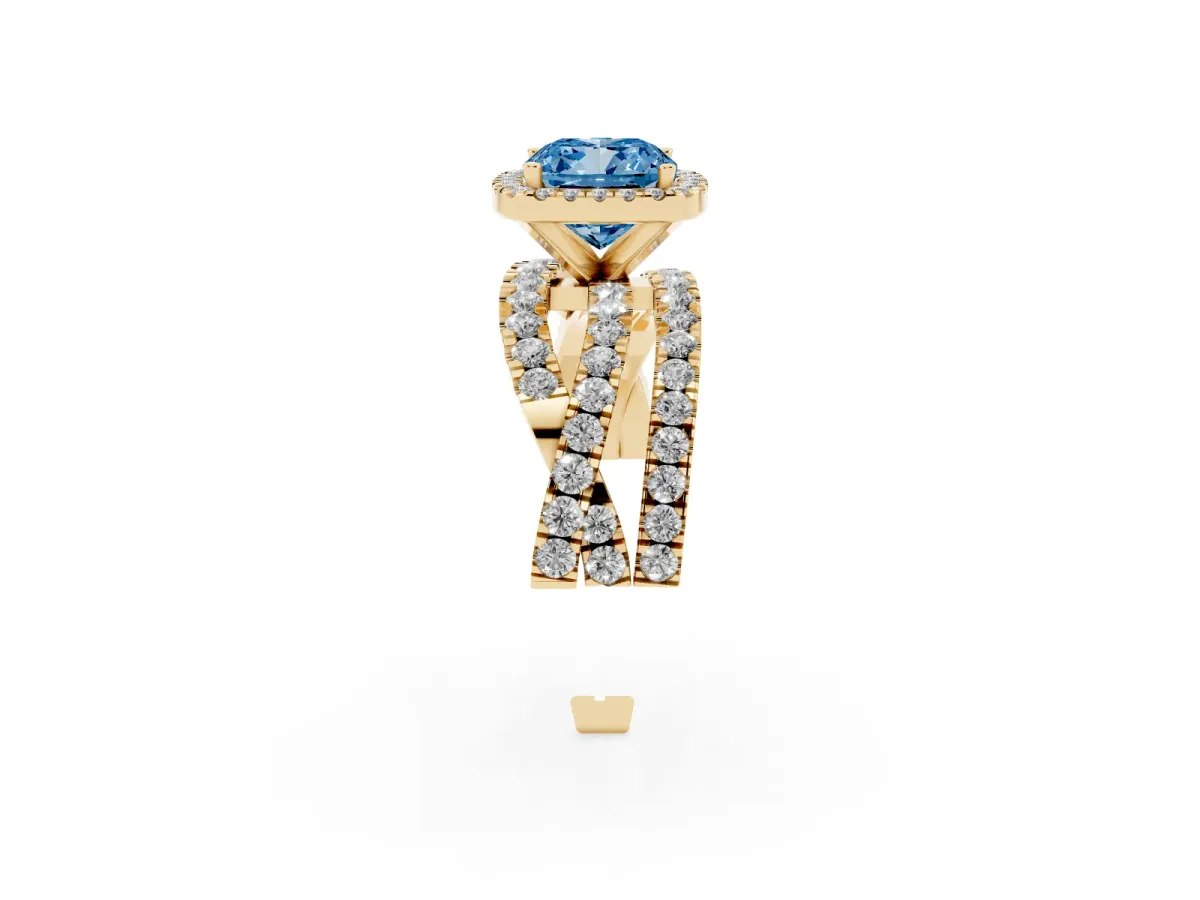 Fancy Blue Cushion Cut Diamond Halo Ring with Round Split Shank and Prong Setting Yellow gold