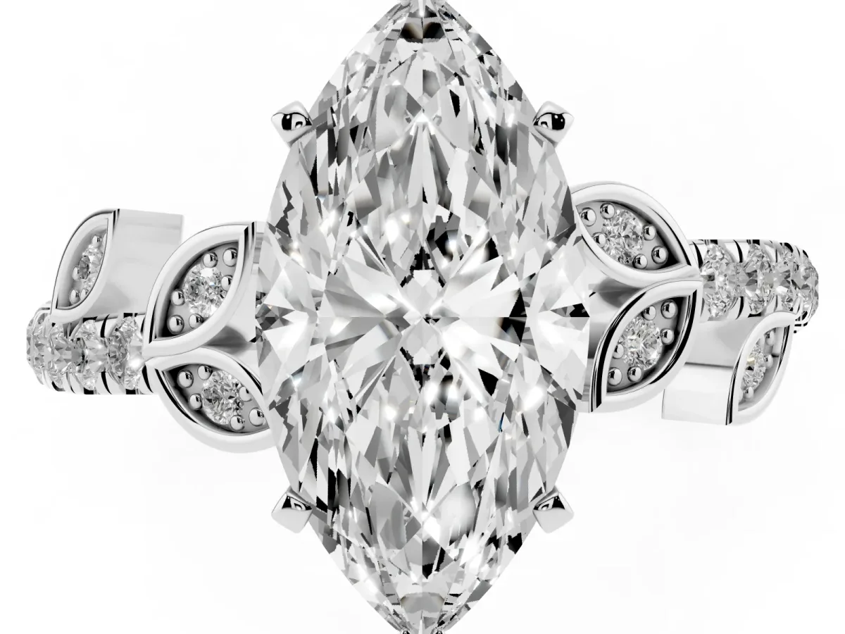 Marquise Cut Solitaire Leaf-Inspired Diamond Ring with Pavé Band and Four-Prong Setting Silver