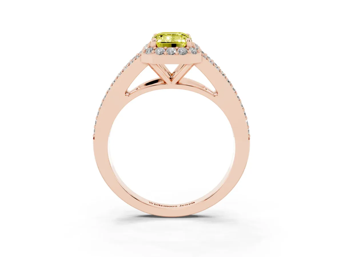 Fancy Yellow Emerald Cut Halo Split Shank Pave Diamond Ring with Four-Prong Setting Rose gold