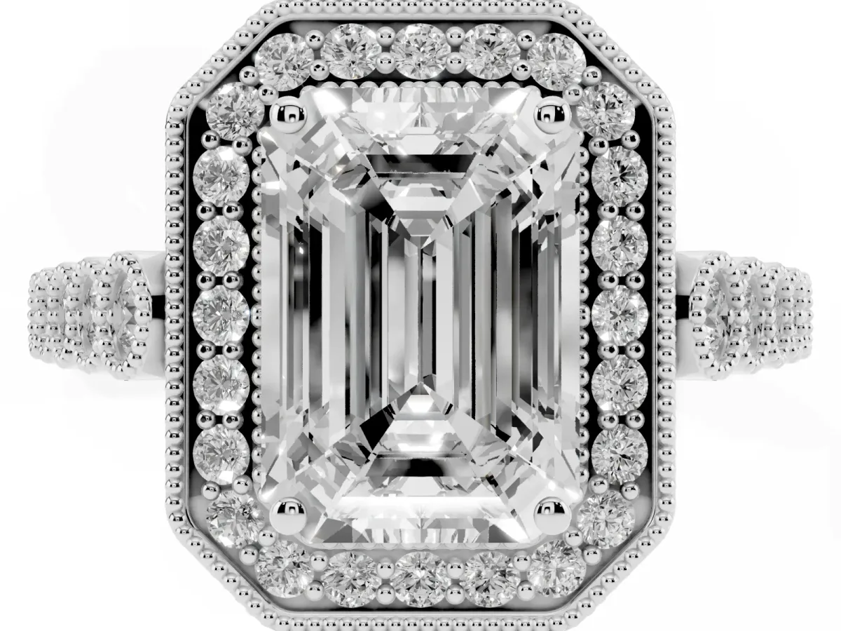 Emerald Cut Halo Milgrain Solitaire with Bezel Set Side Stones and Pave Band White gold