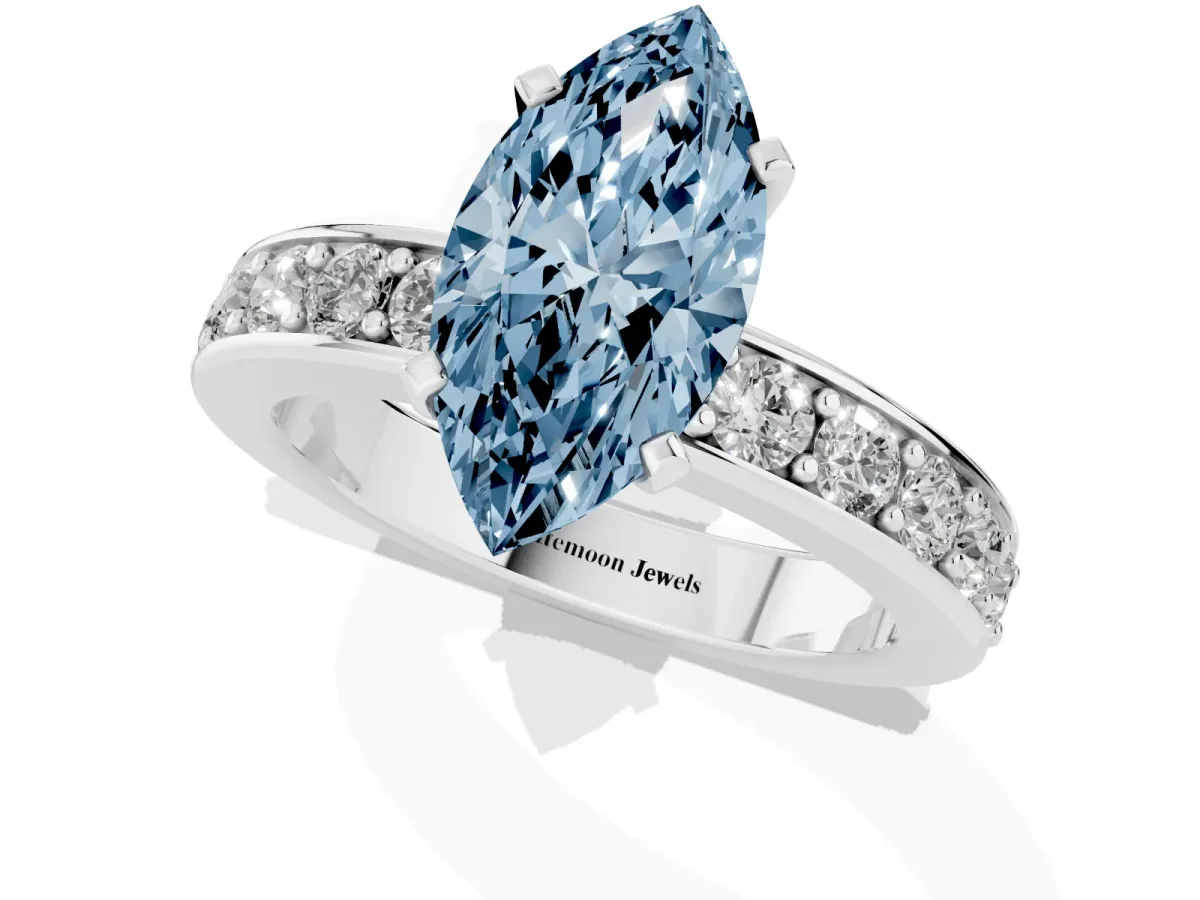 Fancy Blue Marquise Cut Diamond Engagement Ring with Channel Set Round Band and Prong Setting Platinum