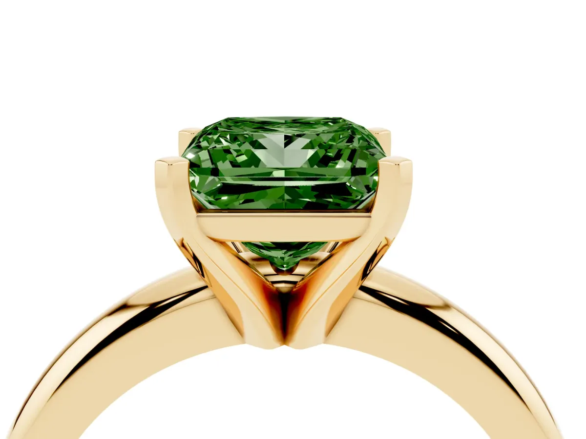 Fancy Green Princess Cut Diamond Solitaire Engagement Ring with Round Band and Four-Prong Setting Yellow gold