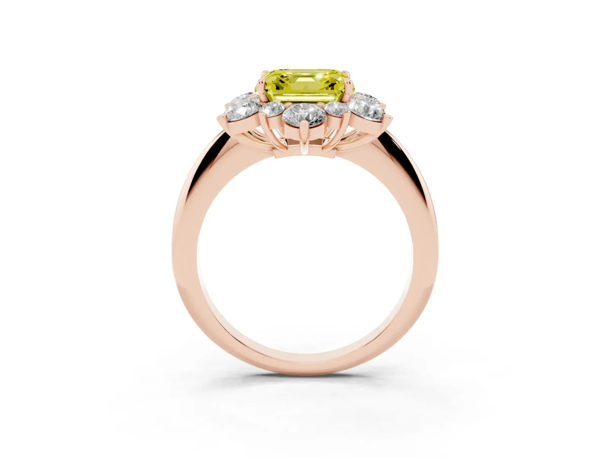 Fancy Yellow Asscher Cut Diamond Cluster Halo Ring with Solitaire Band and Four-Prong Setting Rose gold