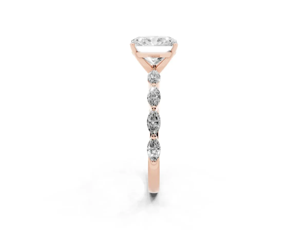 Radiant Cut Diamond Ring with Marquise Side Stones and Prong Setting Rose gold