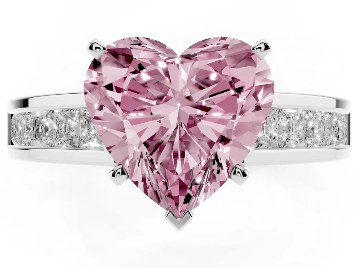 Fancy Pink Heart Cut Solitaire Diamond Ring with Channel-Set Band and Four-Prong Setting White gold