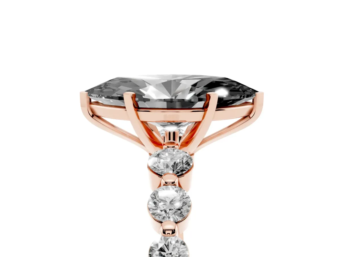 Fancy Black Marquise Cut Solitaire Diamond Ring with Pave Band and Four-Prong Setting Rose gold