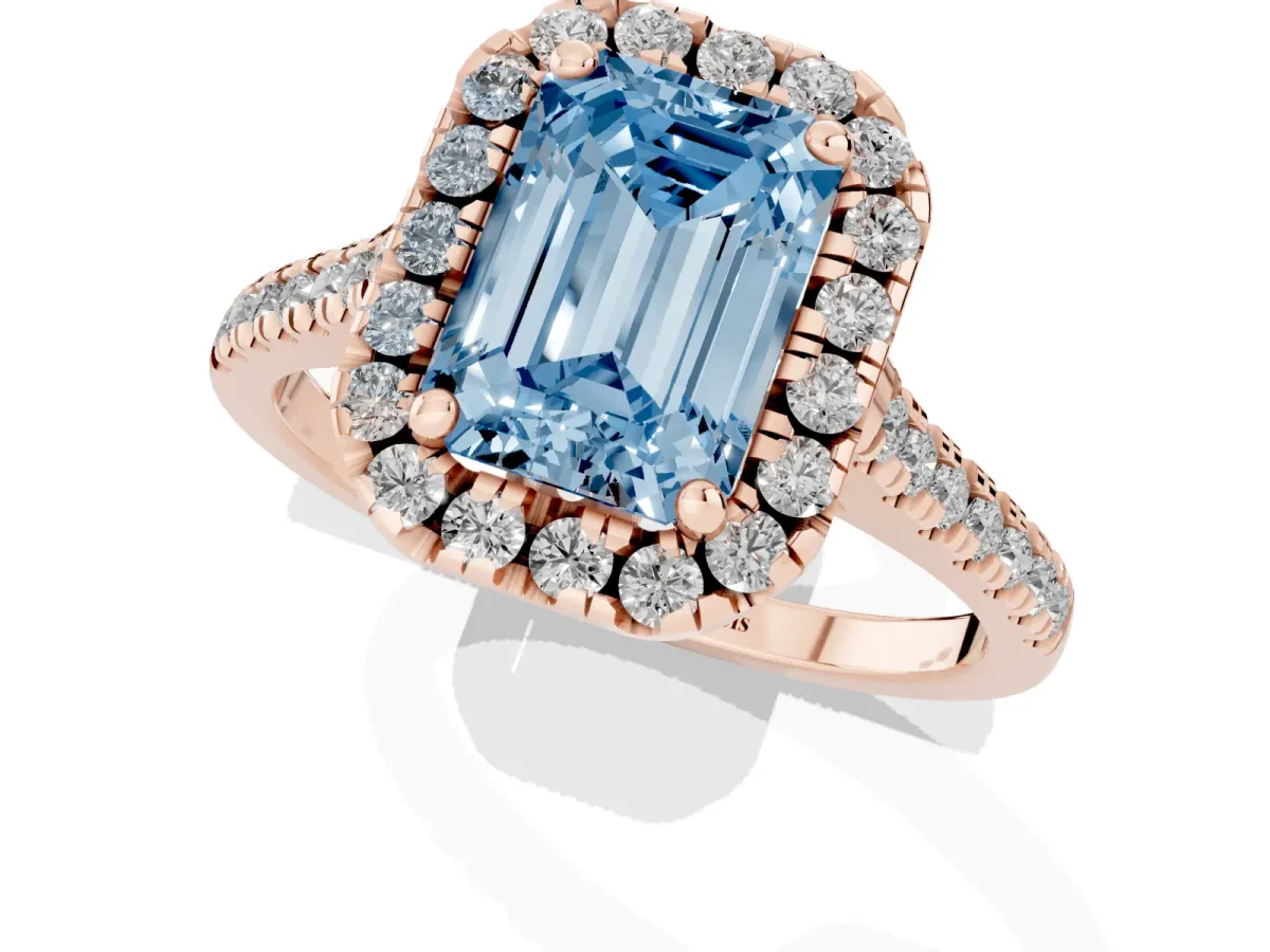 Fancy Blue Emerald Cut Diamond Cushion Halo Ring with Pavé Band Rose gold
