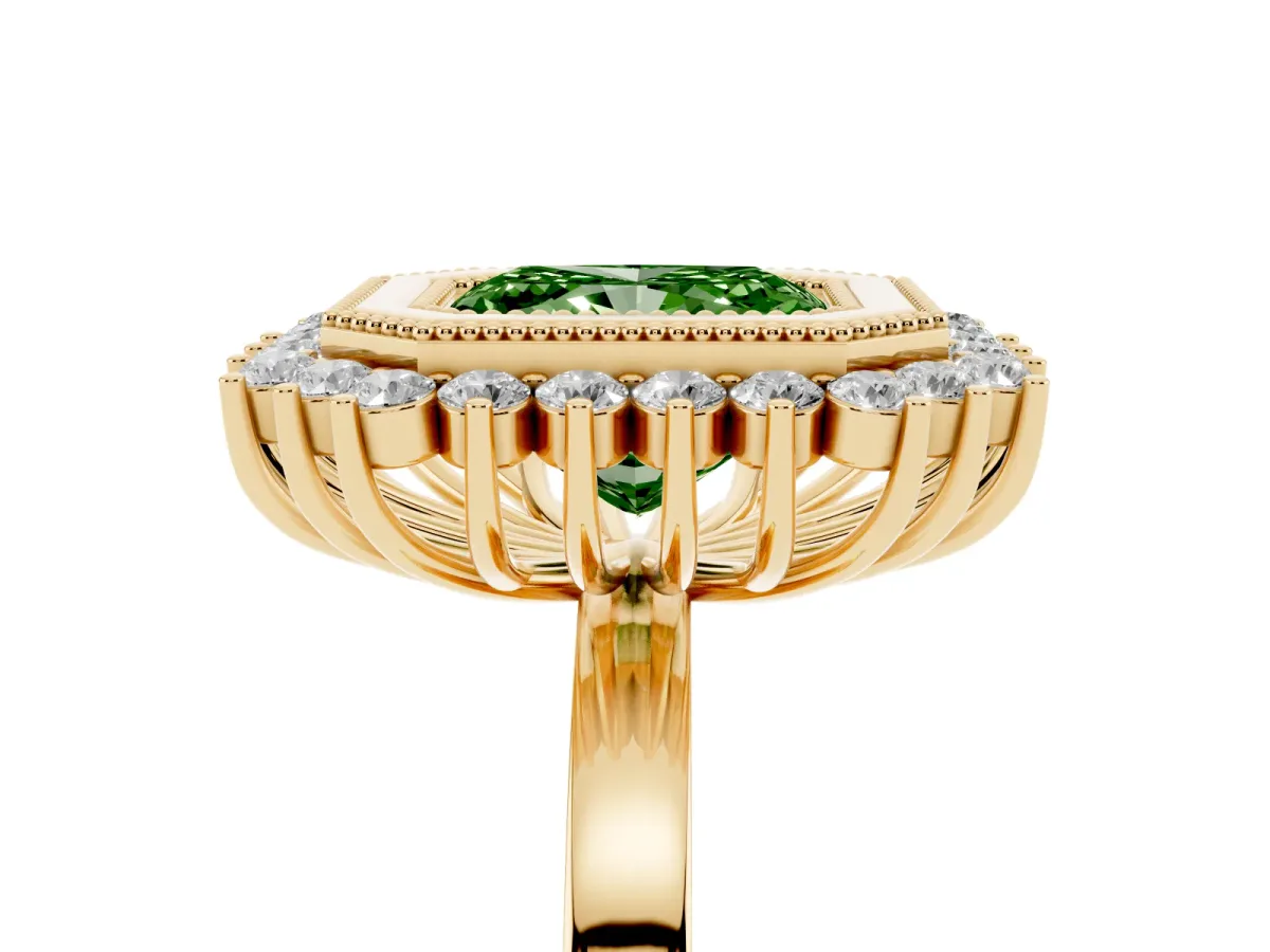 Fancy Green Radiant Cut Halo Diamond Ring with Milgrain Edge and Round Prong Setting Yellow gold
