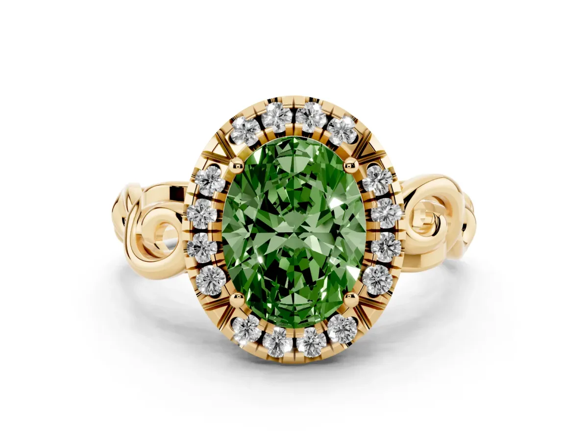 Fancy Green Oval Cut Cut Halo Diamond Ring with Scrollwork Band and Four-Prong Setting Yellow gold