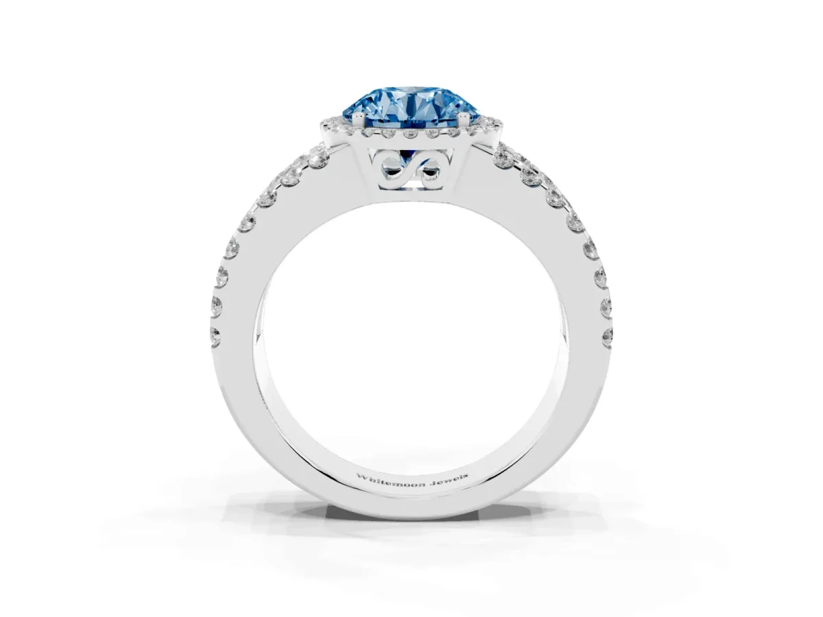 Fancy Blue Round Cut Cut Halo Split Shank Diamond Ring with Four-Prong Setting Platinum