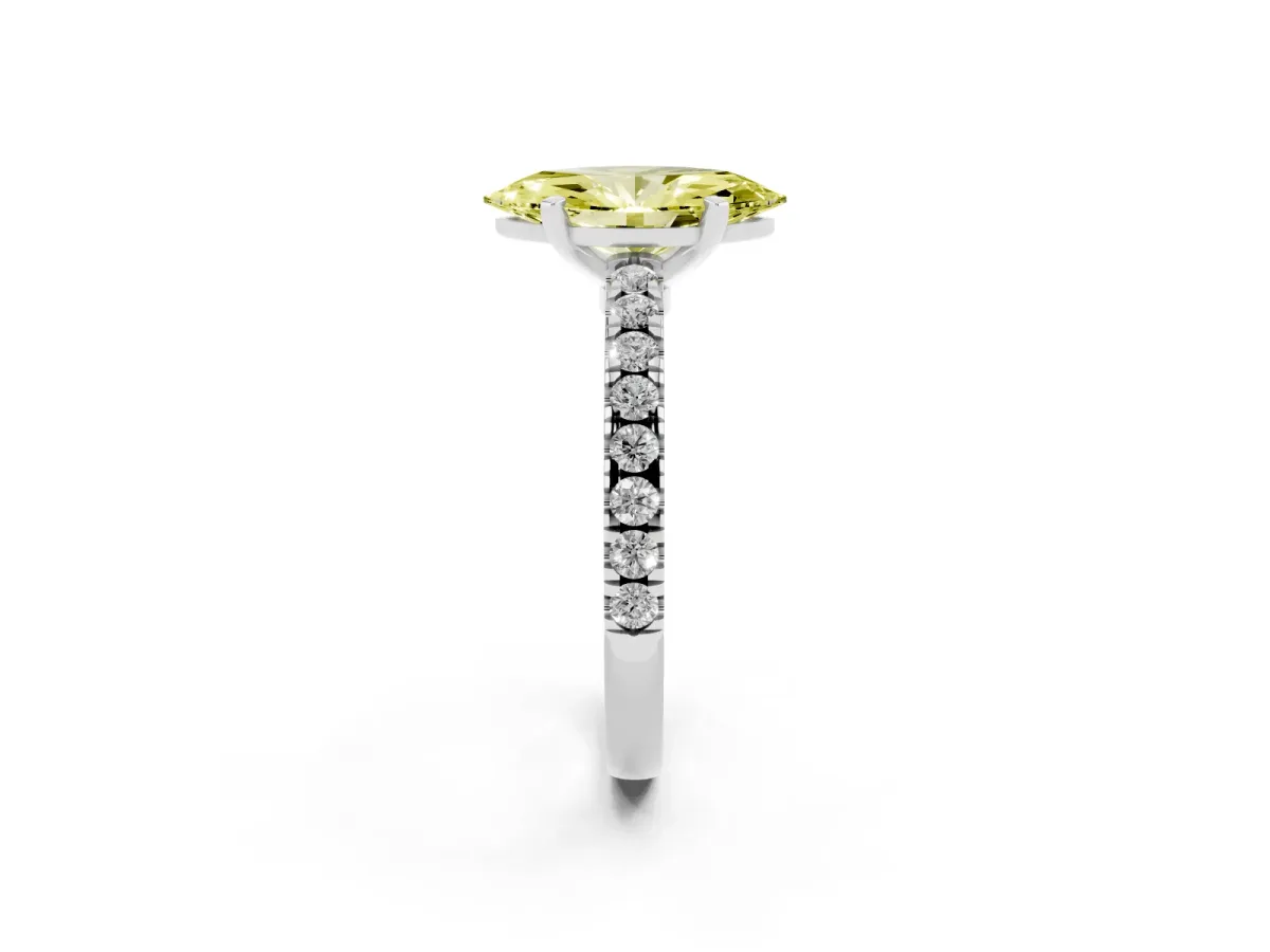 Fancy Yellow Marquise Cut Solitaire Diamond with Pavé Band and Four-Prong Setting Platinum