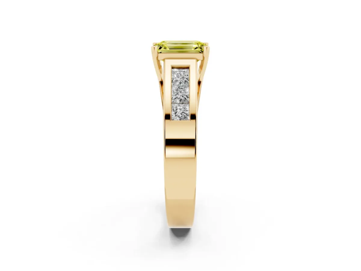 Fancy Yellow Emerald Cut Cut Channel Set Solitaire Ring with Four-Prong Setting Yellow gold
