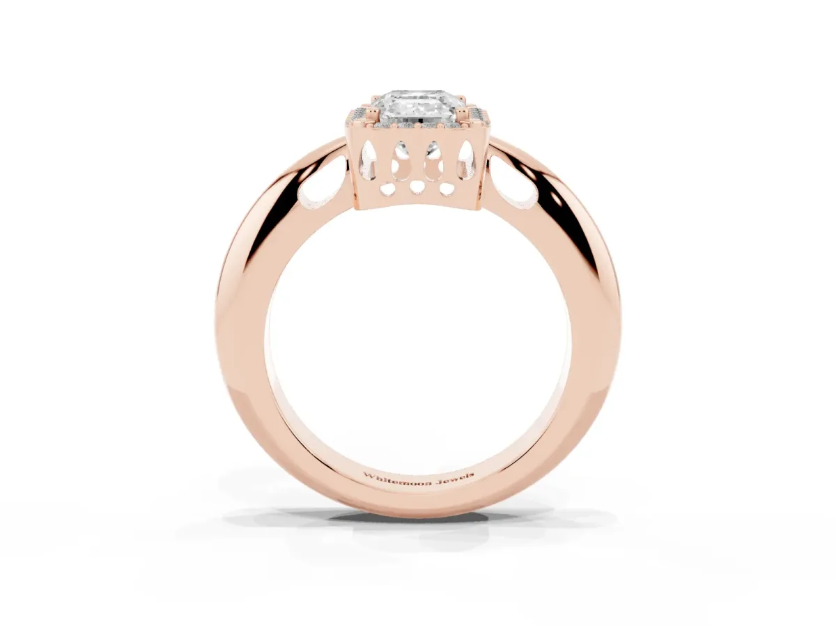 Emerald Cut Cut Diamond Halo Engagement Ring with Split Shank and Four-Prong Setting Rose gold