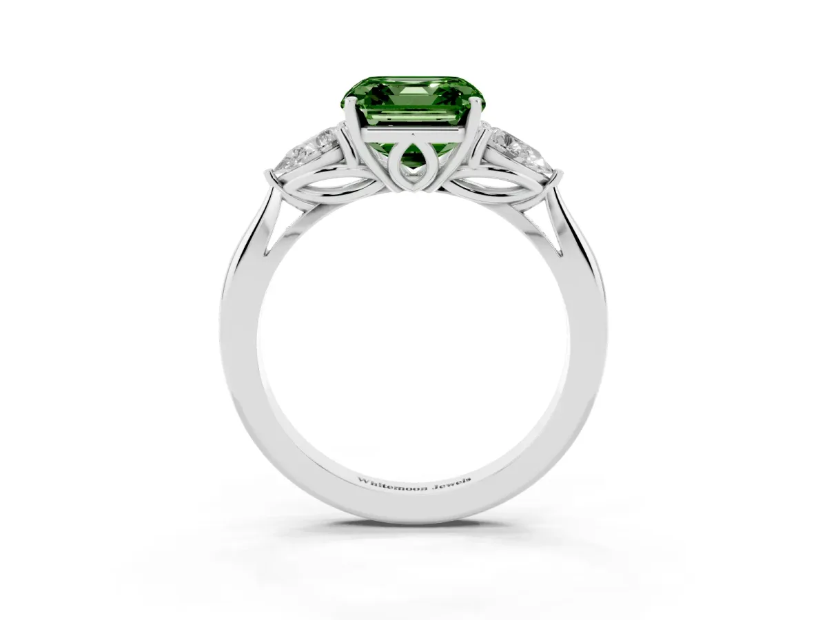 Fancy Green Three-Stone Asscher Cut Brilliant Diamond Solitaire Ring with Tapered Band and Four-Prong Setting Silver